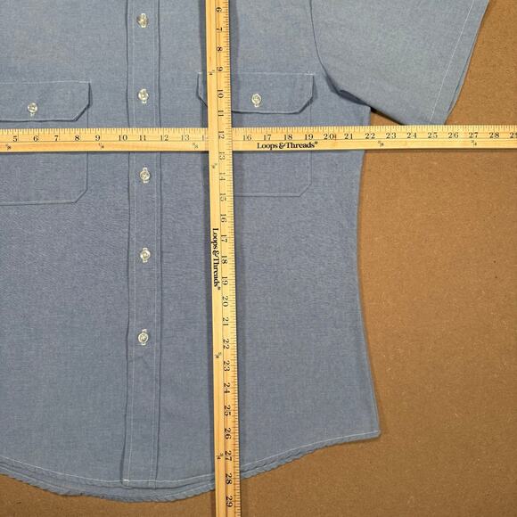 Vintage 70s Blue Chambray Short Sleeve Work Shirt Double Pocket USA Made M - Picture 4 of 8